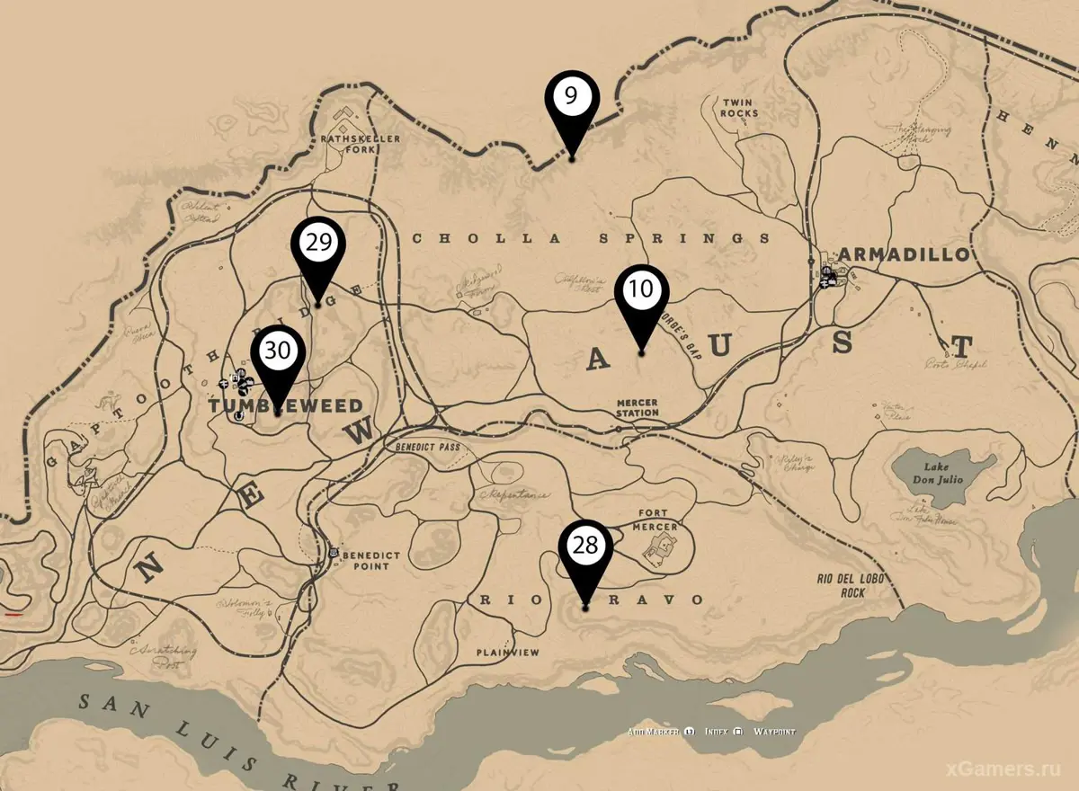 Cartes indiquant l'emplacement des fragments d'os dans le jeu RDR2