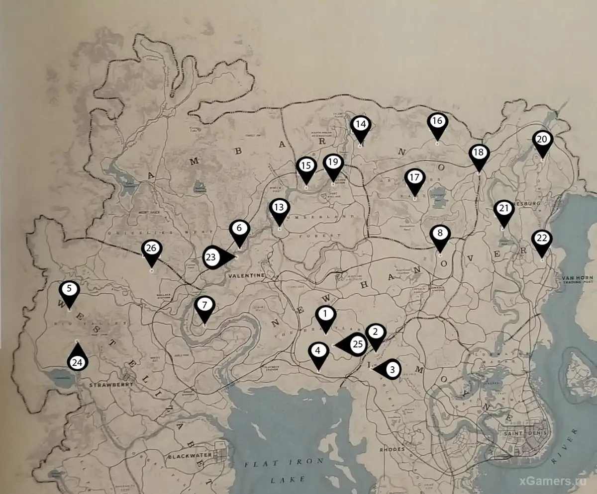 Carte complète de l'emplacement des restes d'os dans le jeu RDR 2