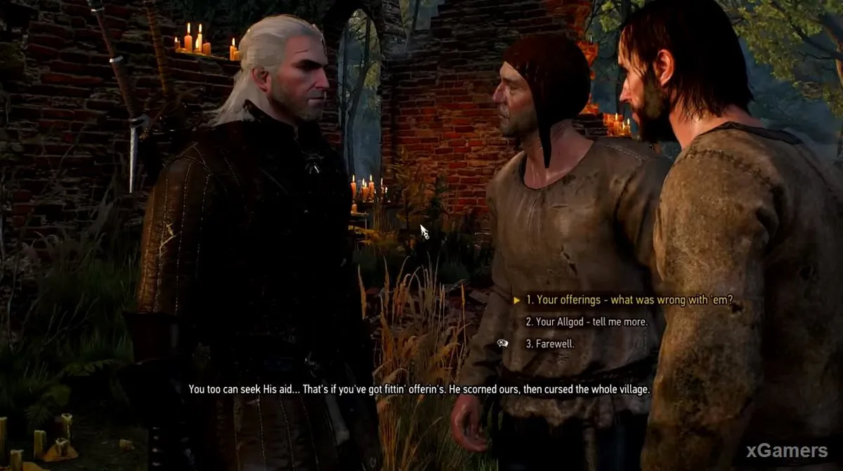 Geralt écoute le récit selon lequel Allgod est vénéré depuis des générations
