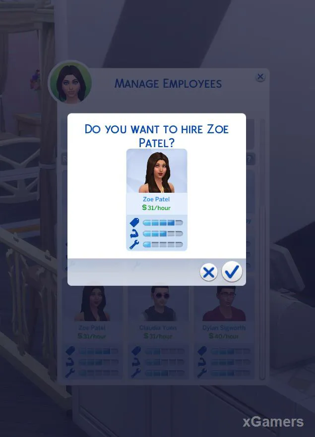 Confirmer l'embauche du Sim