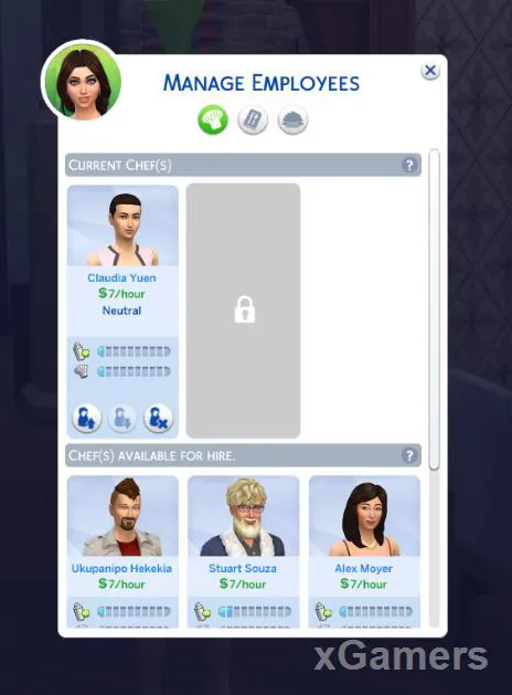 Fenêtre de gestion des employés dans Les Sims 4 - carrière Restaurateur (Dine Out)