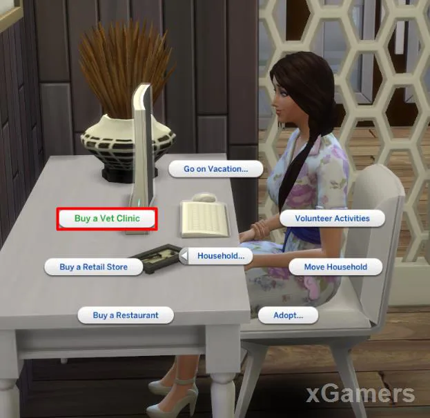 The Sims 4 : achat d'une clinique vétérinaire depuis l'ordinateur