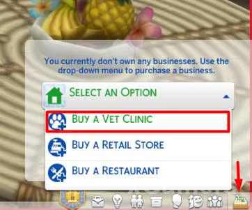 The Sims 4 : achat d'une clinique vétérinaire depuis le menu de droite