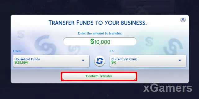 Transférez des fonds vers votre commerce : indiquez le montant puis cliquez sur Confirmer le transfert