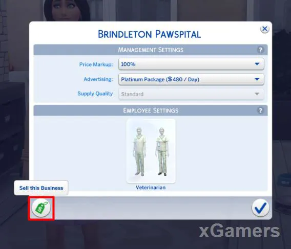 Vous pouvez vendre la clinique vétérinaire en cliquant sur le bouton Vendre le commerce