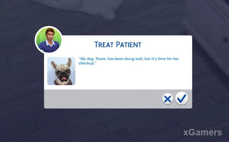 Confirmez : Soigner le patient. The Sims 4 - Clinique vétérinaire
