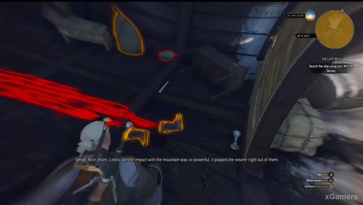 À bord du navire, Geralt explore la cale grâce à son flair de sorceleur