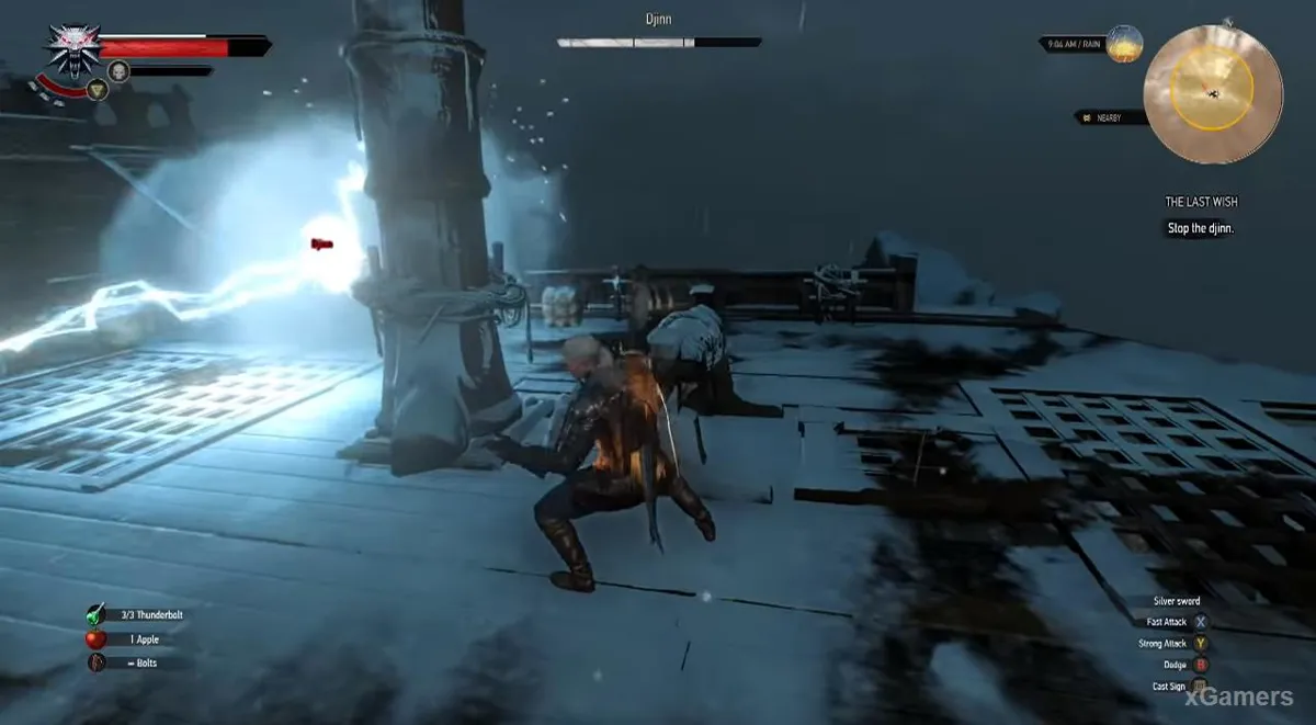 Pour vaincre le génie, Geralt doit rester en mouvement et utiliser le signe Quen