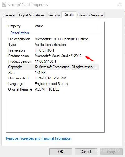 Détails sur Vcomp110.dll - ce fichier DLL fait partie du package Visual Studio 2012