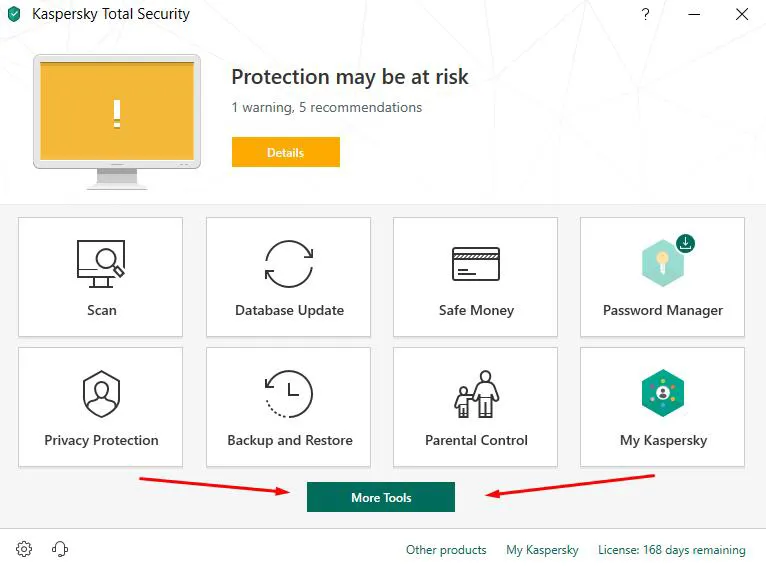 Kaspersky Total Security - cliquez sur le bouton Plus d'outils