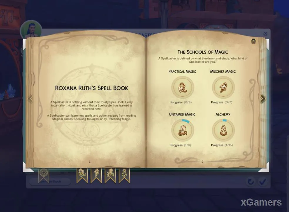 La progression magique du personnage s'affiche dans le grimoire