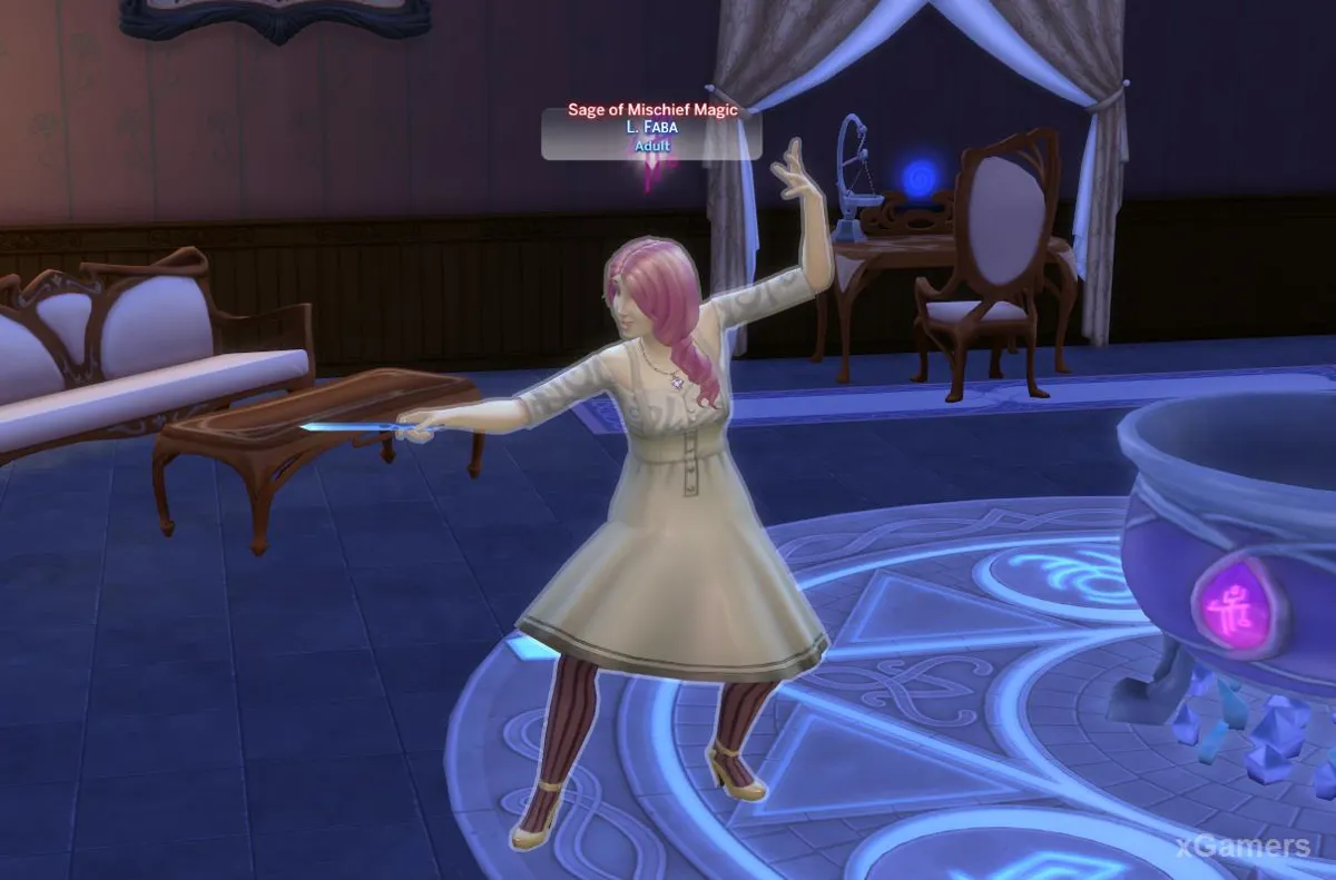 Un Sims en formation dans une école de magie