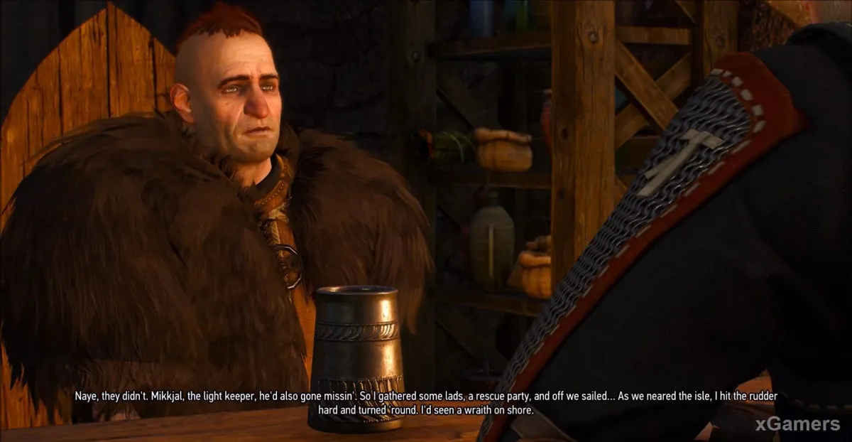 Jorund explique à Geralt qu'un fantôme est apparu au phare d'Eldberg après son extinction soudaine