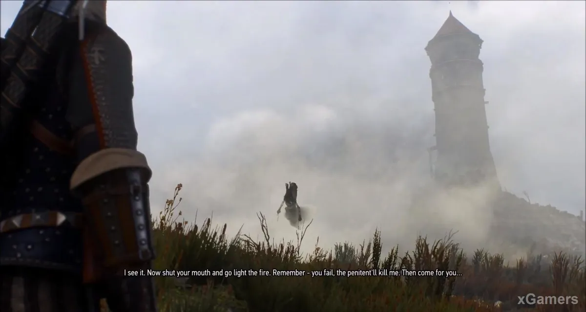 Le gardien et Geralt se dirigent vers le phare lorsque le Pénitent leur barre la route
