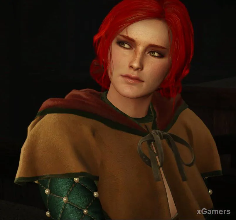 Histoire de Triss Merigold - aux cheveux châtains, riant de tout, semblable à une jeune fille.