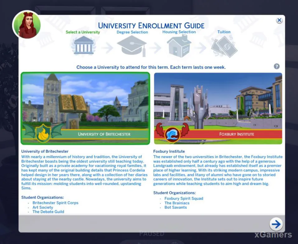 Choisissez l'université et la spécialité de votre personnage dans le menu d'inscription