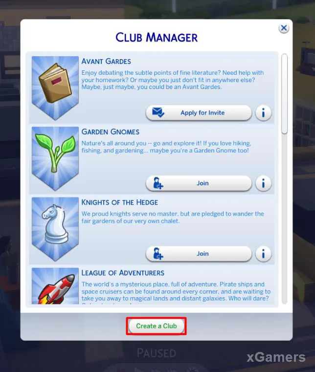 Vous pouvez créer un club dans la fenêtre du gestionnaire de club