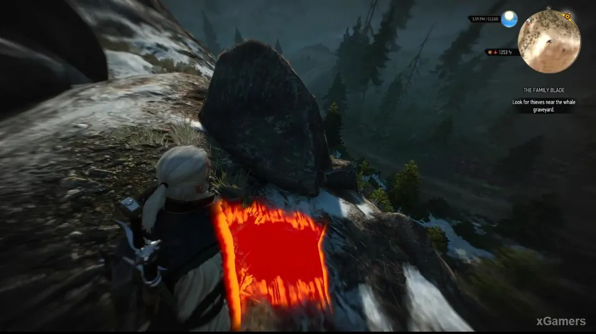 Près des marques laissées par le rocher, Geralt trouve des traces de nekker