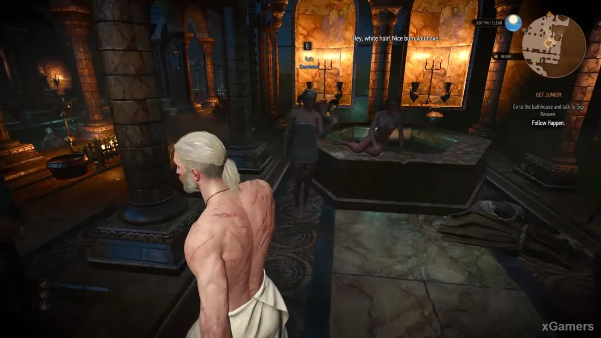 Geralt suit Happen au milieu de femmes qui plaisantent