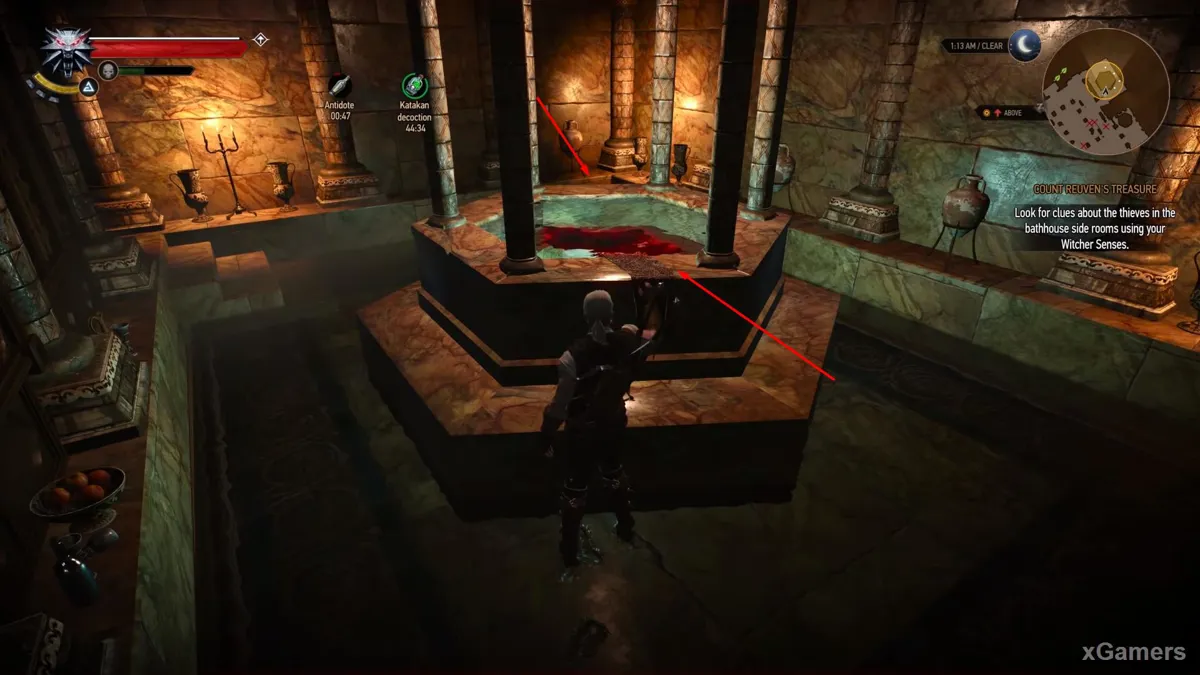 Geralt trouve des traces d'huile dans l'un des bassins