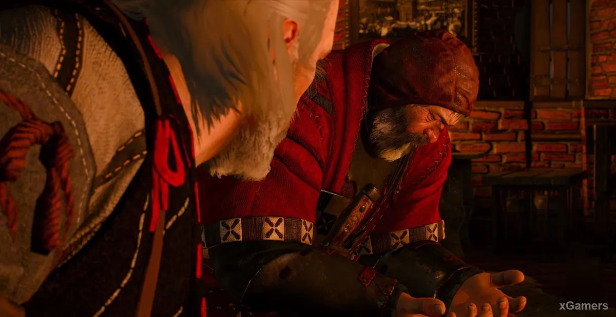 Longue conversation chargée en émotion entre Geralt et le Baron Sanglant