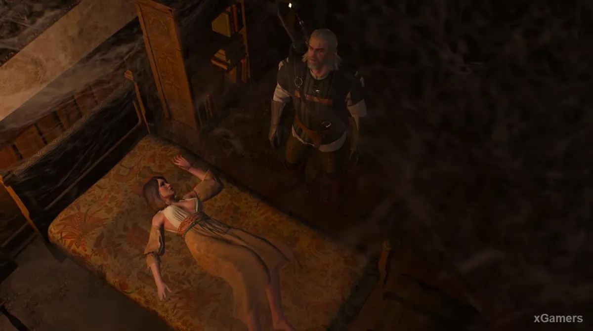 Dans la chambre, Geralt voit un enfant étrange planer au-dessus de Corinne
