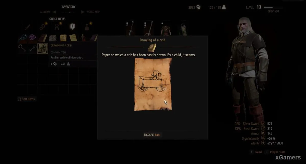 Lorsque Geralt atteint le grenier, il découvre la poupée et le dessin du berceau, ce qui commence à éclaircir la situation.