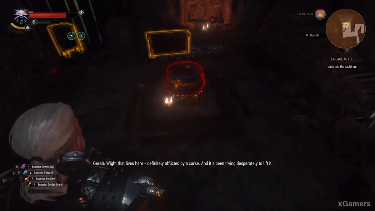 Le Tacheté se trouve à la cave, où Geralt découvre un chaudron vide