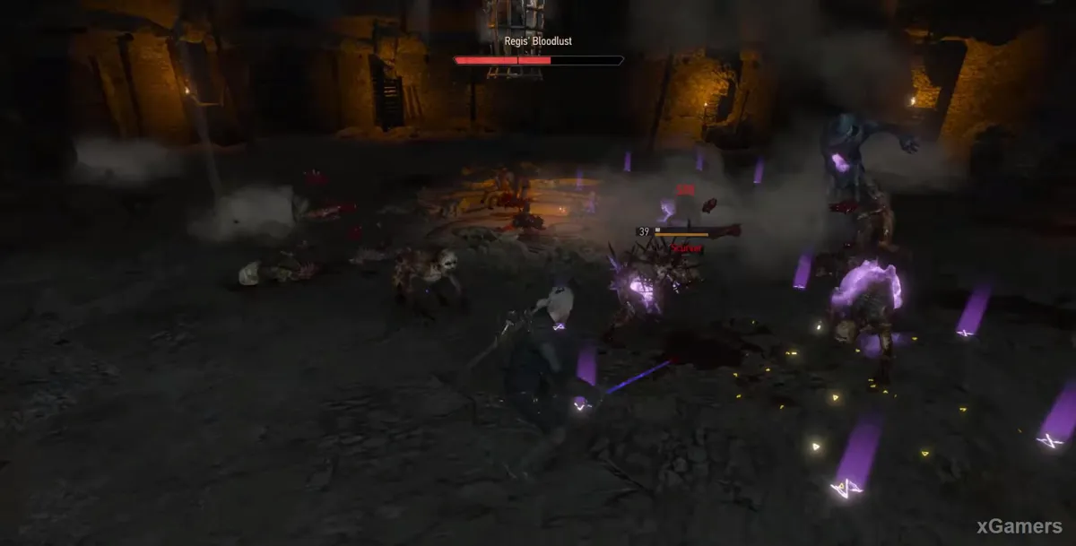 Au lieu de quelques Nécrophages, Geralt est attaqué par toute une meute de monstres variés