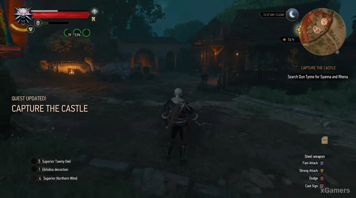 Geralt escalade le mur et se retrouve immédiatement face à un garde armé
