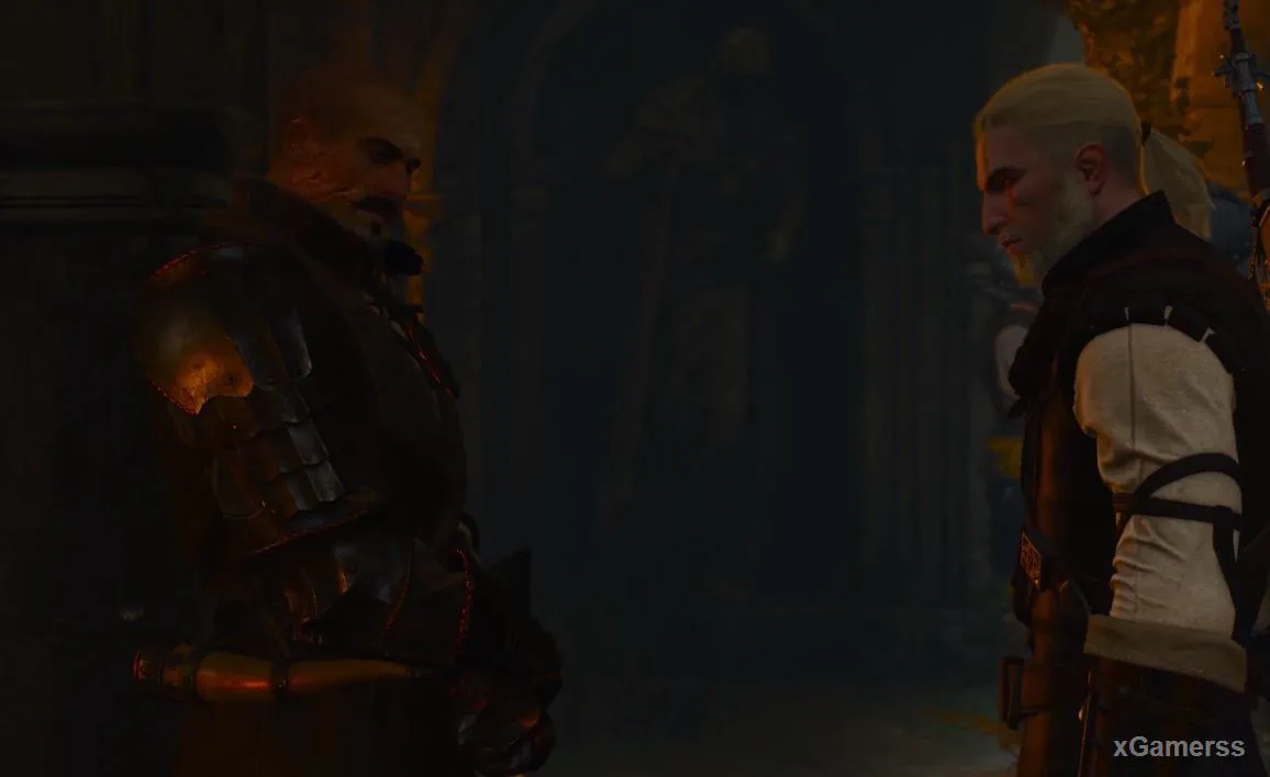 Damien accueille Geralt, abattu, car il éprouvait de véritables sentiments pour la princesse
