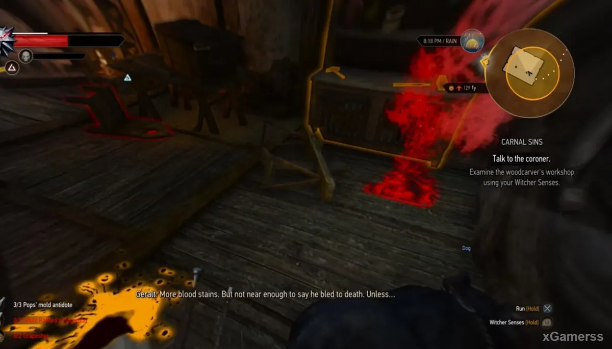 Des traces de sang mènent Geralt jusqu'à l'atelier