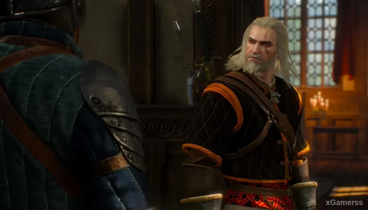 En pleine poursuite, Geralt est arrêté par les gardes qui le prennent pour le tueur