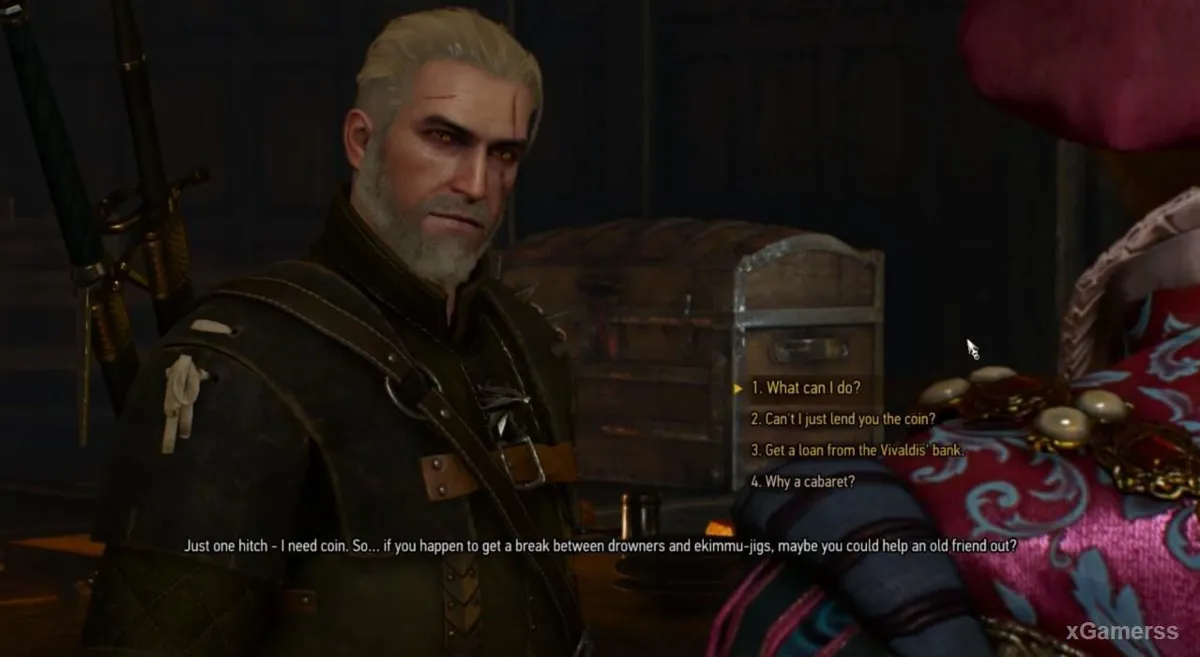 Geralt et Jaskier discutent du projet de cabaret à l'auberge Thym et Romarin