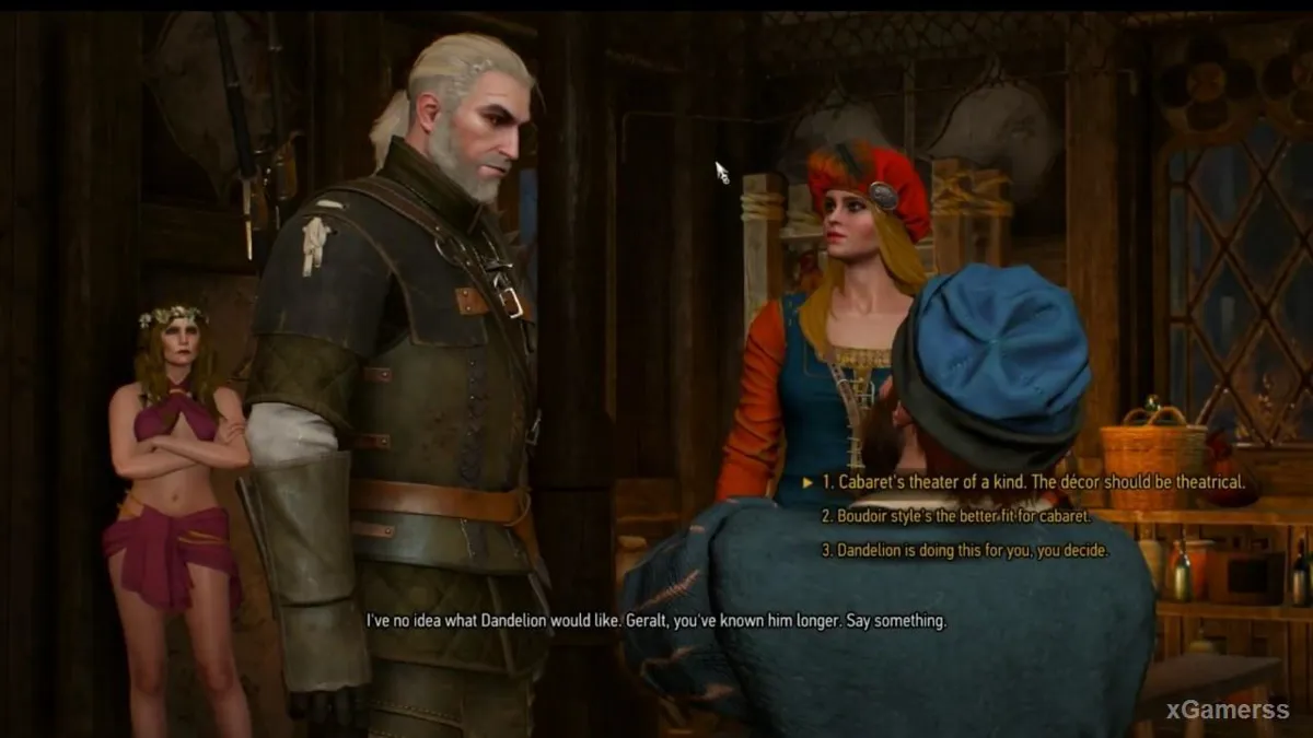 Le contremaître demande à Priscilla et Geralt de choisir le style du Cabaret