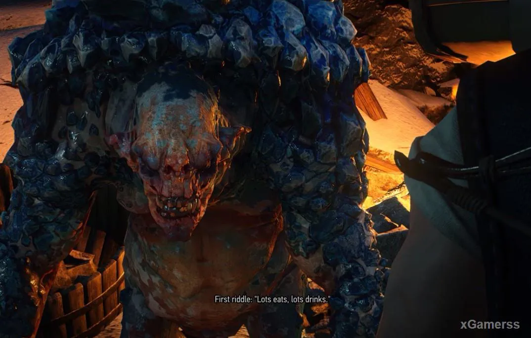 Geralt discute avec les trolls pour faire avancer la quête.
