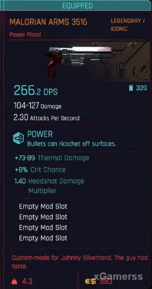 Le pistolet légendaire Malorian Arms 3516 de Johnny Silverhand dans Cyberpunk 2077